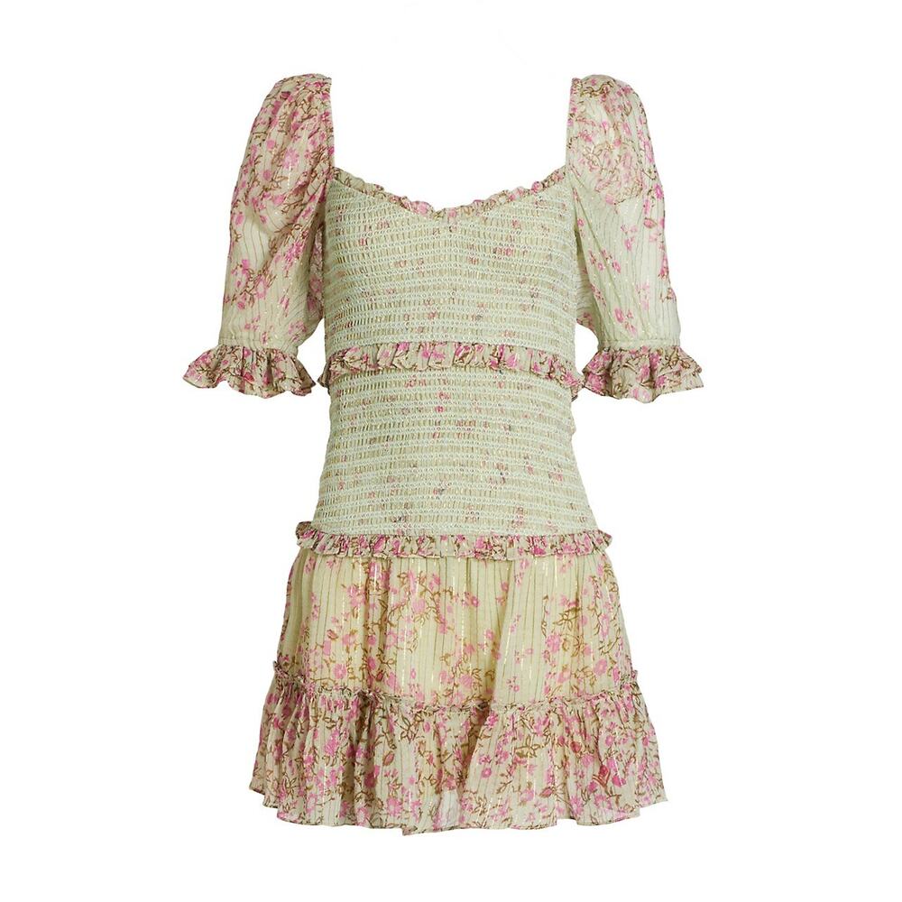 Hemant & Nandita 'Tiered' Green Floral Print V Neck Elbow Sleeve Mini Dress